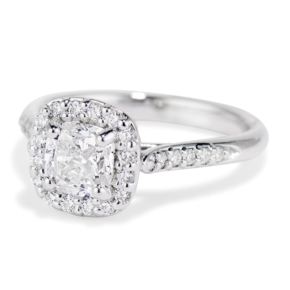 Jubilee in Platinum with a diamond cushion halo Jubilee in Platinum with a diamond cushion halo